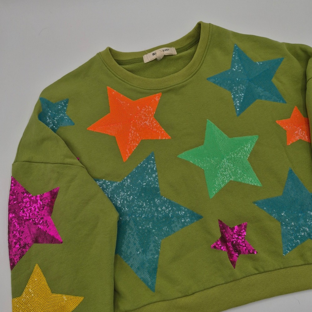 Blue Velvet Women Green Sequin Star Cropped Sweatshirt Size M 60445JST Cotton